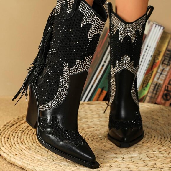 Feinlina Black Western Cowboy Boots Women Pointed Toe Chunky Heel Tassel Style - Picture 6 of 6